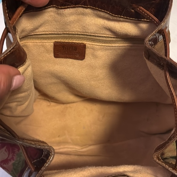 FURLA BRAND DARK TAN FLORAL CLOTH BUCKET LSTYLE BAG WITH LEATHER TIE CLOSURE❤️ - Picture 6 of 16